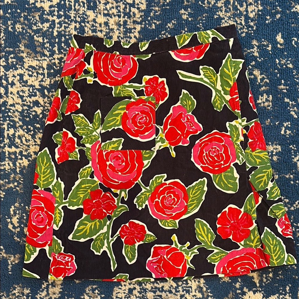 Vintage Floral Black Skirt with Red Hot Pink and Green Rose Accents
